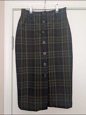 Aritzia Wilfred - Leona Skirt Olive & Black Plaid Button-Front Pencil Skirt Sz 2